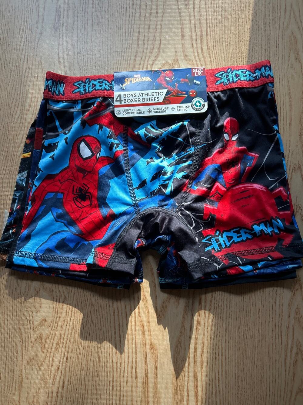 New Boys 4pk Marvel Spiderman Athletic Boxer Briefs Moisture Wicking Sz Large/8